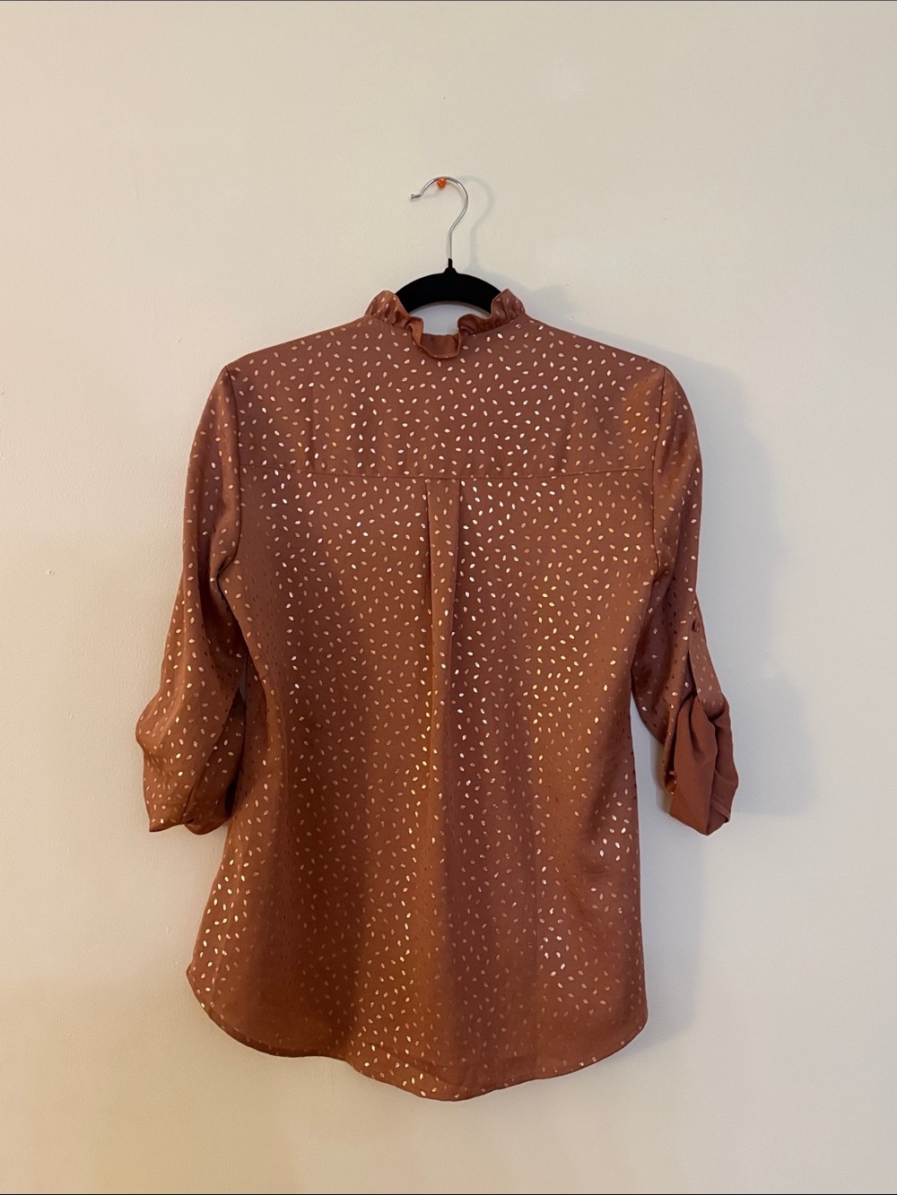 Express Brown & Gold Foil Button-Up Blouse Size Small Petite - Picture 4 of 4